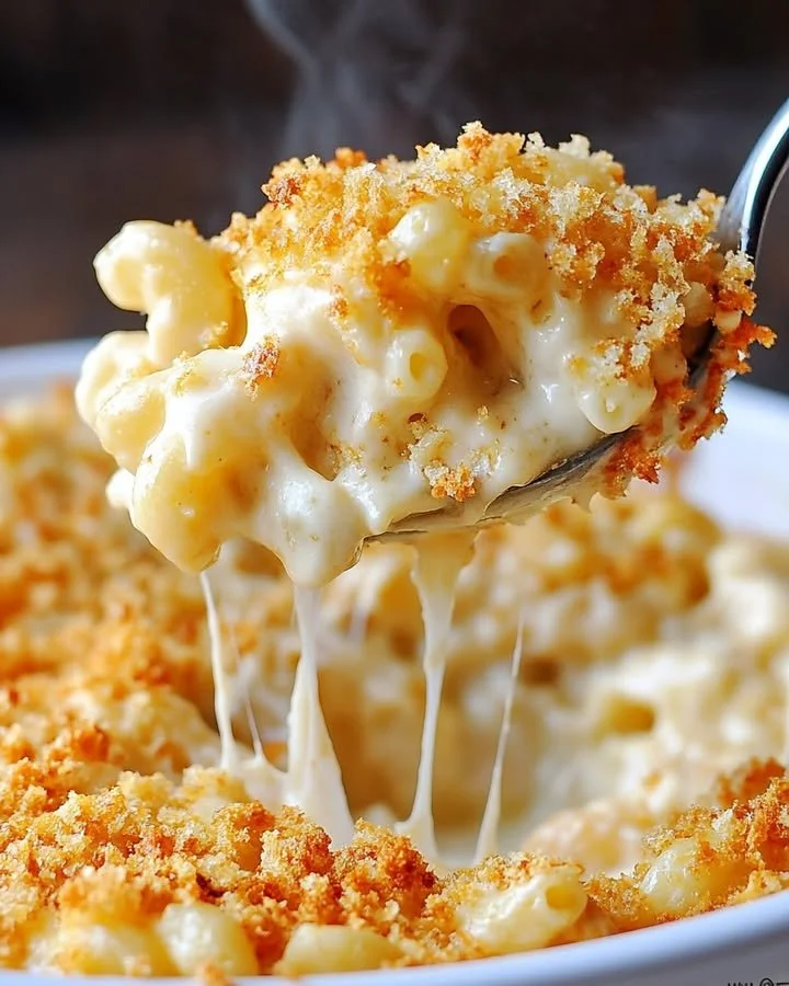 Delicious homemade baked mac and cheese topped with crispy breadcrumbs