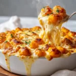 Delicious cozy gnocchi gratin topped with cheese and herbs