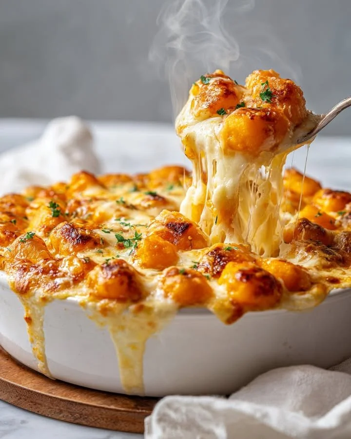 Delicious cozy gnocchi gratin topped with cheese and herbs