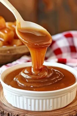 Jar of homemade caramel sauce drizzled over a dessert