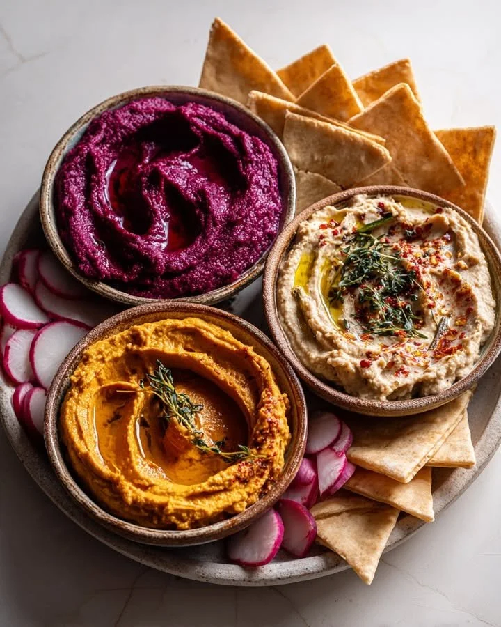 Three deep dips in bowls, perfect for cold nights and gatherings.