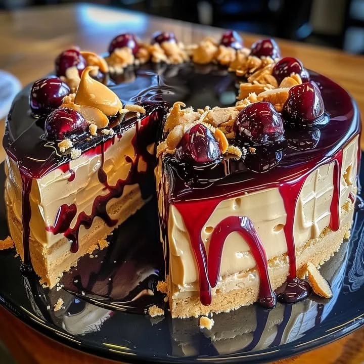 Slice of ultimate peanut butter jelly cheesecake with a creamy texture and fruity topping.