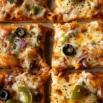 Thick-Crust Sheet Pan Veggie Pizza topped with colorful vegetables and cheese
