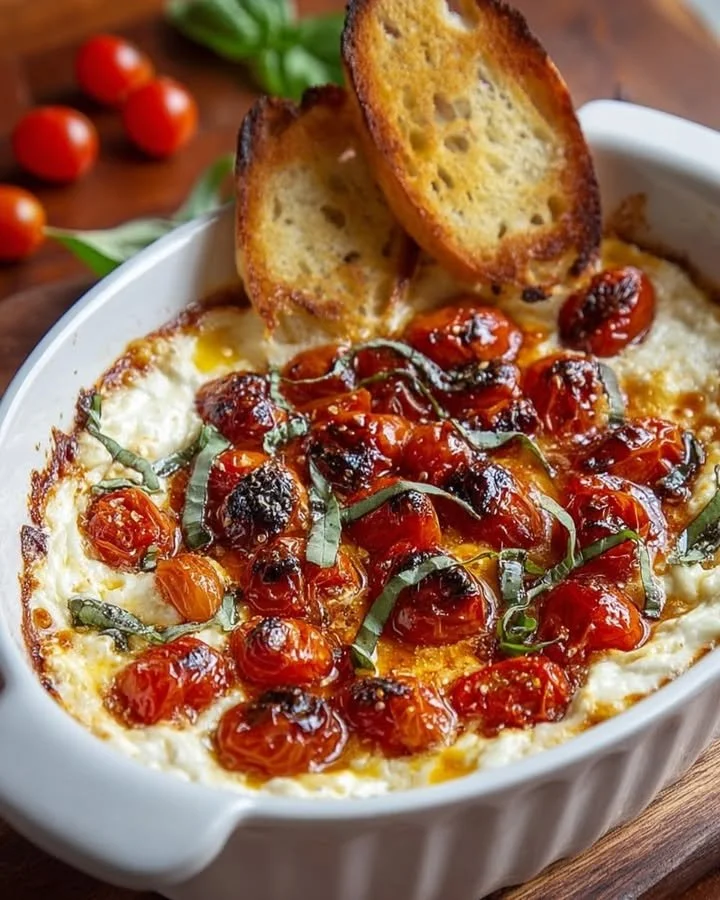 Three-Cheese Tomato Bruschetta Dip served in a bowl with crispy bread