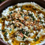 Thyme-infused feta and almond dip served in a bowl with fresh herbs.