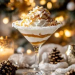 Toasted Coconut Caramel Mocktini garnished with coconut flakes and caramel drizzle
