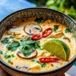 A bowl of Tom Kha Gai Soup with chicken, coconut milk, and herbs.