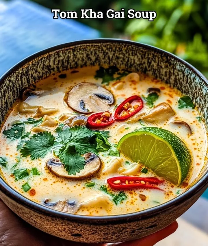 A bowl of Tom Kha Gai Soup with chicken, coconut milk, and herbs.