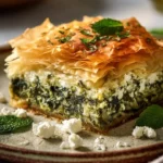 Slice of Traditional Greek Spinach Pie topped with Feta and fresh herbs
