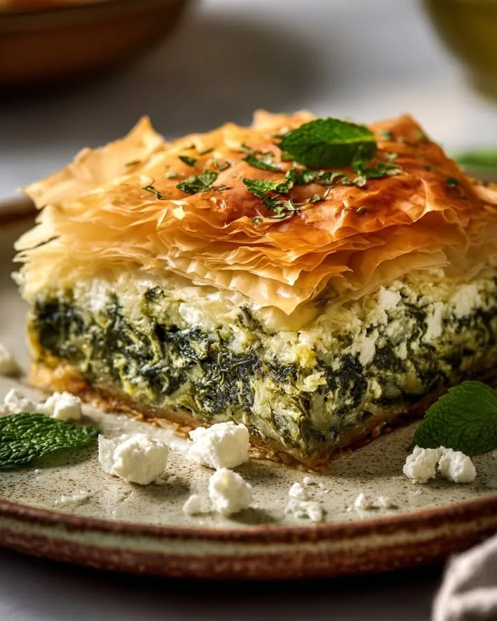 Slice of Traditional Greek Spinach Pie topped with Feta and fresh herbs