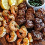 Delicious plate of savory steak bites and shrimp served with herbs