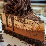 Triple Chocolate Cheesecake topped with chocolate shavings and ganache