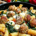 Turkey meatballs with ricotta served over garlic spinach rigatoni.