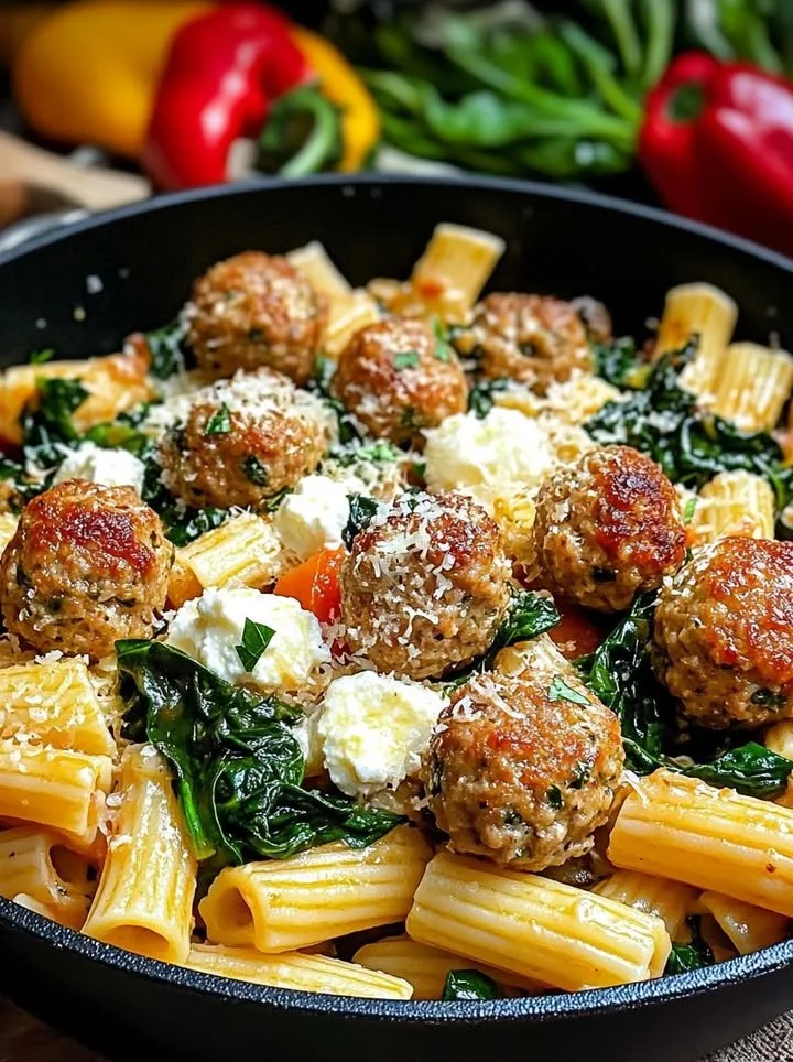 Turkey meatballs with ricotta served over garlic spinach rigatoni.