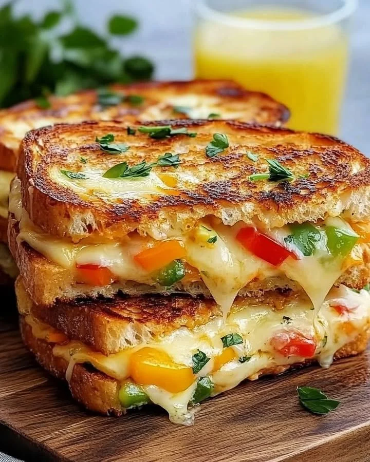 Delicious ultimate cheesy veggie grilled sandwich loaded with fresh ingredients
