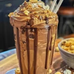 Delicious chocolate peanut butter shake in a glass with a straw