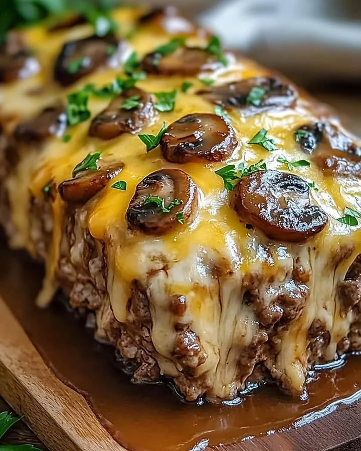 Delicious ultimate mushroom swiss meatloaf topped with melted cheese