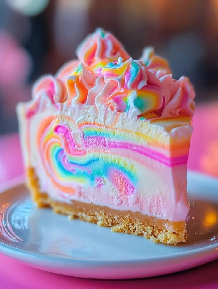 Colorful Unicorn Marshmallow Swirl Cheesecake topped with vibrant marshmallows