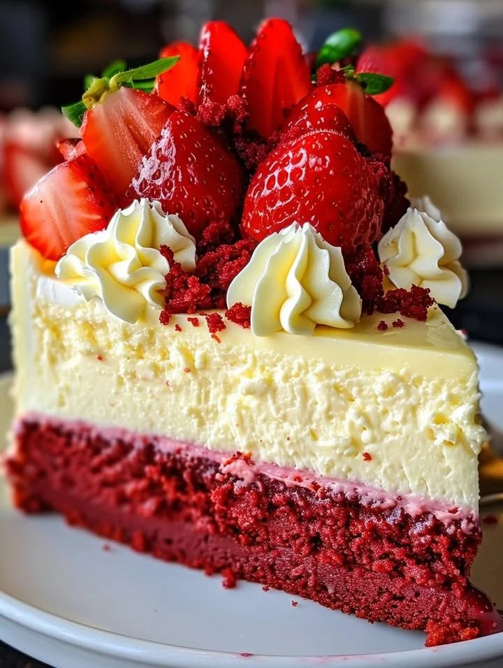 Unicorn strawberry red velvet cheesecake with colorful frosting and fresh strawberries