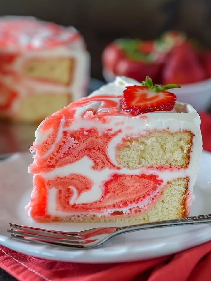 Velvet Lemon Cream Cake with a swirl of strawberry, garnished with fresh strawberries.