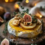 Warm brie cheese with roasted holiday fruits on a serving platter