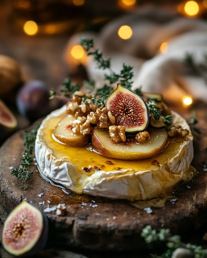 Warm brie cheese with roasted holiday fruits on a serving platter