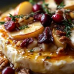 Warm Brie topped with roasted winter fruits for a festive appetizer