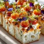Whipped feta spread on golden focaccia topped with fresh garden vegetables
