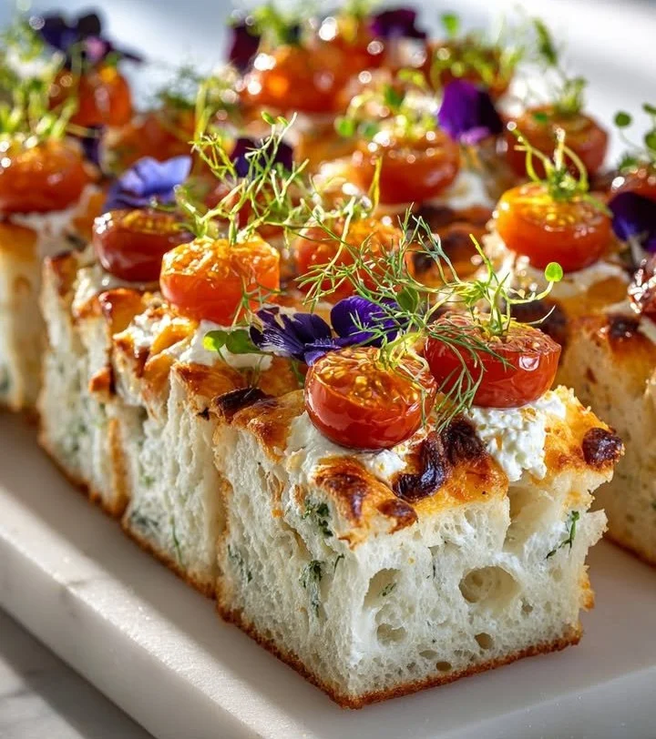 Whipped feta spread on golden focaccia topped with fresh garden vegetables