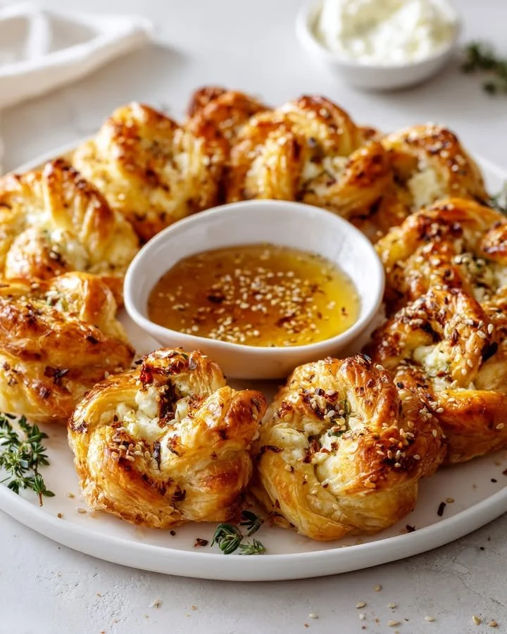Whipped feta puff pastry flower with hot honey center, appetizing appetizer