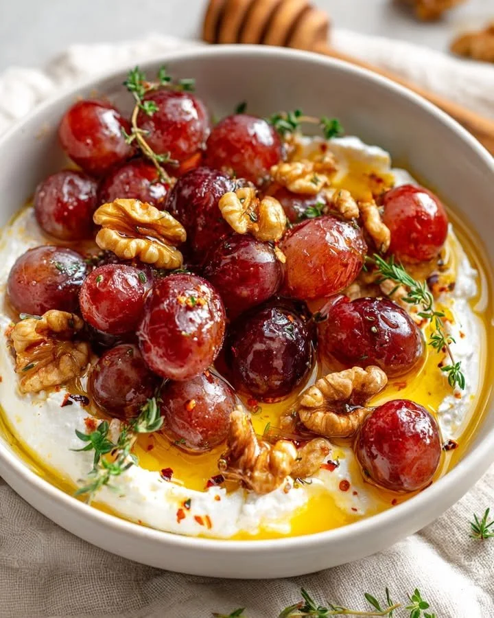 Whipped feta topped with roasted grapes, walnuts, and hot honey in a bowl