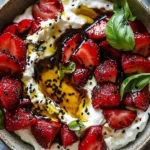 Creamy whipped feta topped with roasted strawberries on a wooden board.
