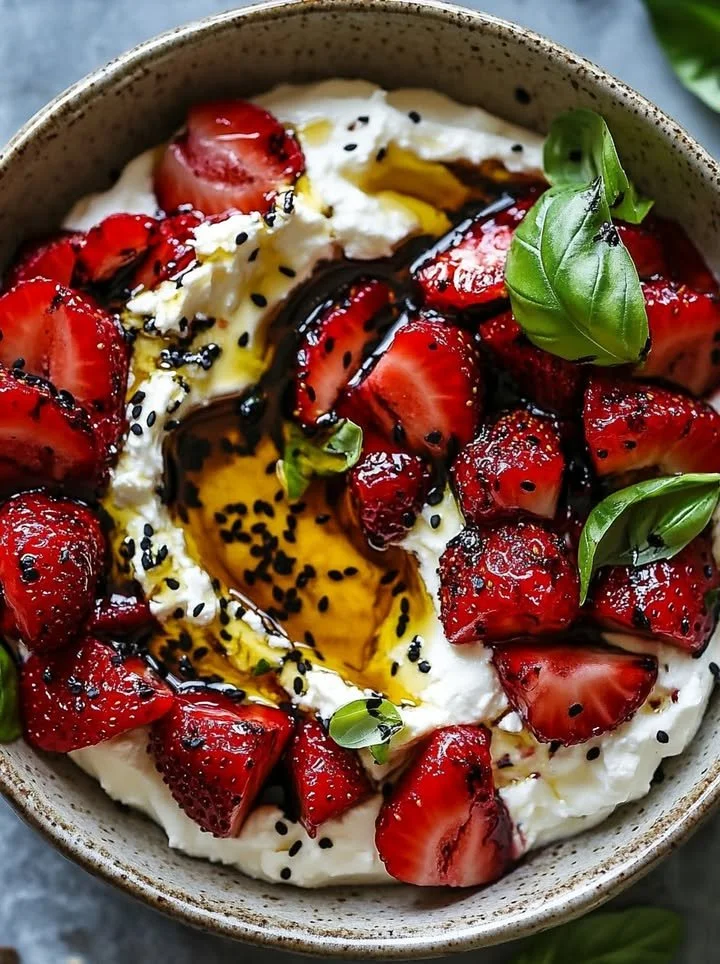 Creamy whipped feta topped with roasted strawberries on a wooden board.