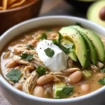 Bowl of creamy White Chicken Chili topped with cilantro and lime