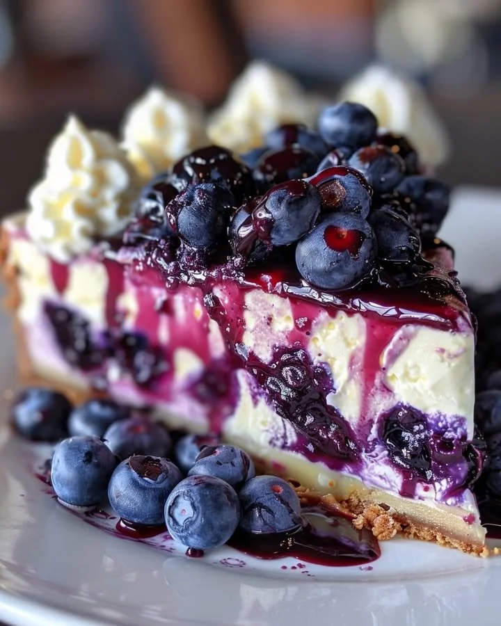 Deliciously crafted White Chocolate Blueberry Cheesecake topped with fresh blueberries