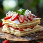 Delicious White Chocolate Strawberry Millefeuille with layers and fresh strawberries