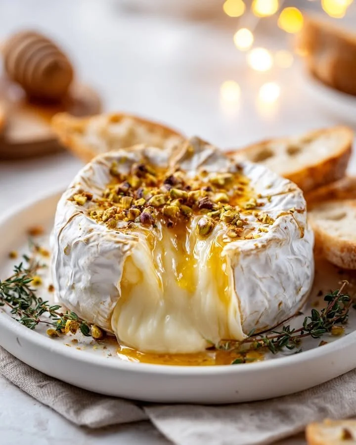 Whole baked camembert with hot honey and pistachio crunch served on a wooden board