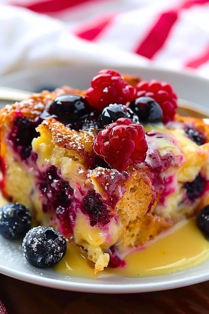 Delicious Wild Berry Bread Pudding served with a zesty Orange Sauce