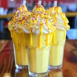 A colorful Yellow Freekshake topped with sweets and whipped cream.