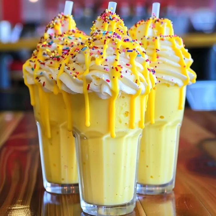 A colorful Yellow Freekshake topped with sweets and whipped cream.