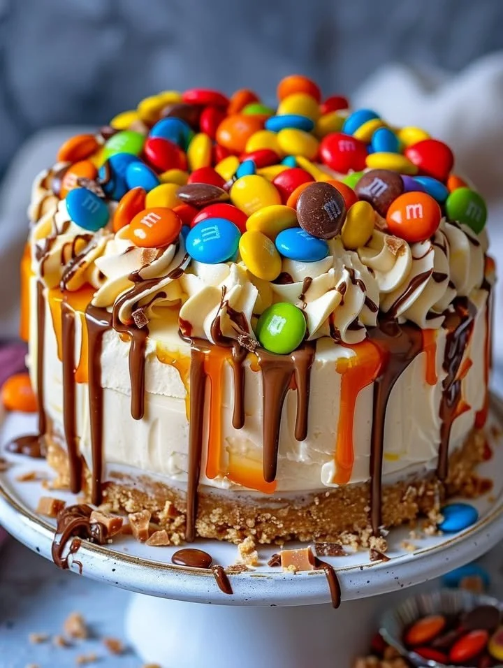 Yellow Paradise No-Bake M&M and Toffee Cheesecake dessert slice