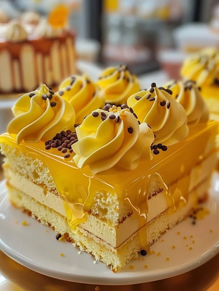 Delicious slice of Yellow Velvet Cake topped with creamy frosting and berries.