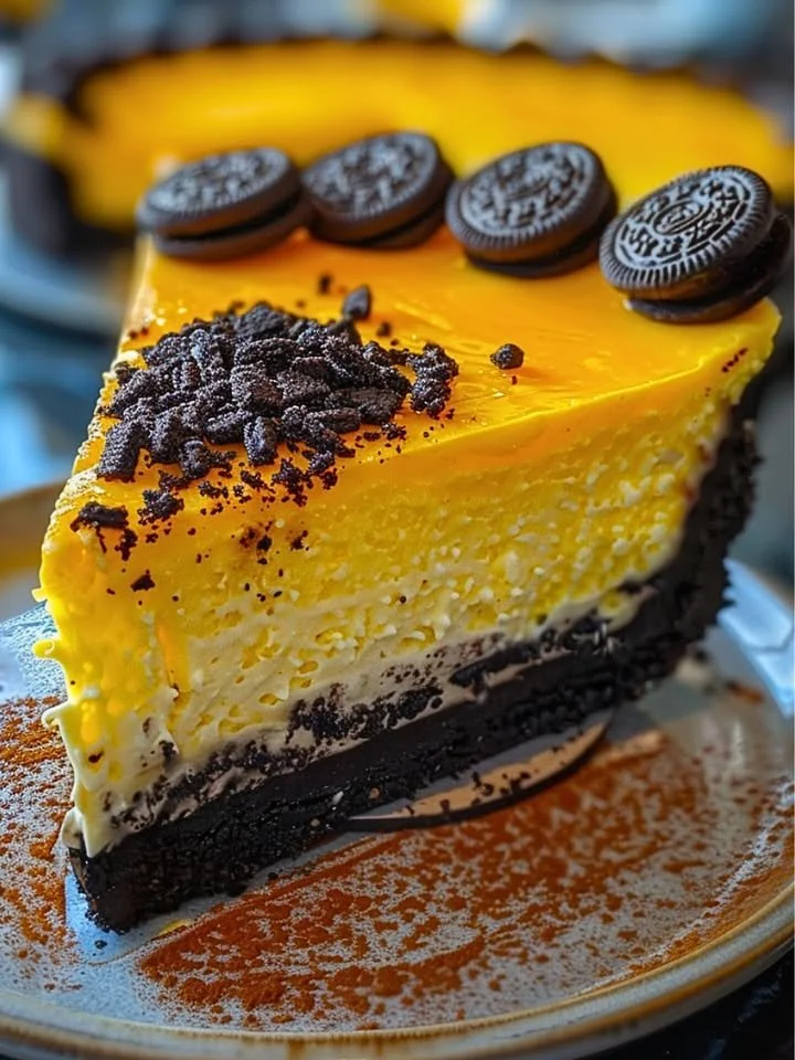 Yellow Velvet Oreo Cheesecake topped with Oreo crumbs and cream frosting