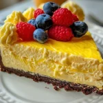 Delicious Yellow Velvet White Chocolate Cheesecake topped with fresh berries
