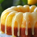 Zesty Glazed Lemon Bundt Cake topped with a lemon glaze on a decorative plate.