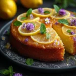 Zesty Lemon Polenta Cake with Thyme Syrup served on a plate