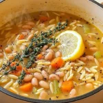 Bowl of zesty lemon white bean orzo soup garnished with herbs