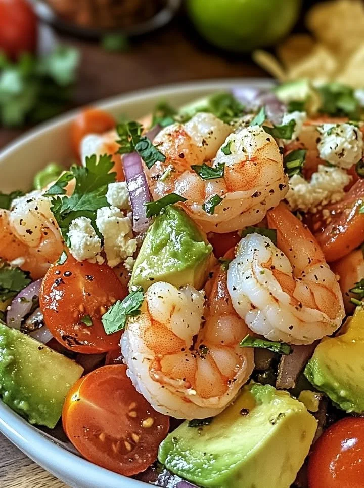 Zesty lime shrimp and avocado salad with fresh ingredients