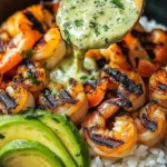 Zesty shrimp avocado rice bowls with cilantro lime sauce garnished with fresh cilantro