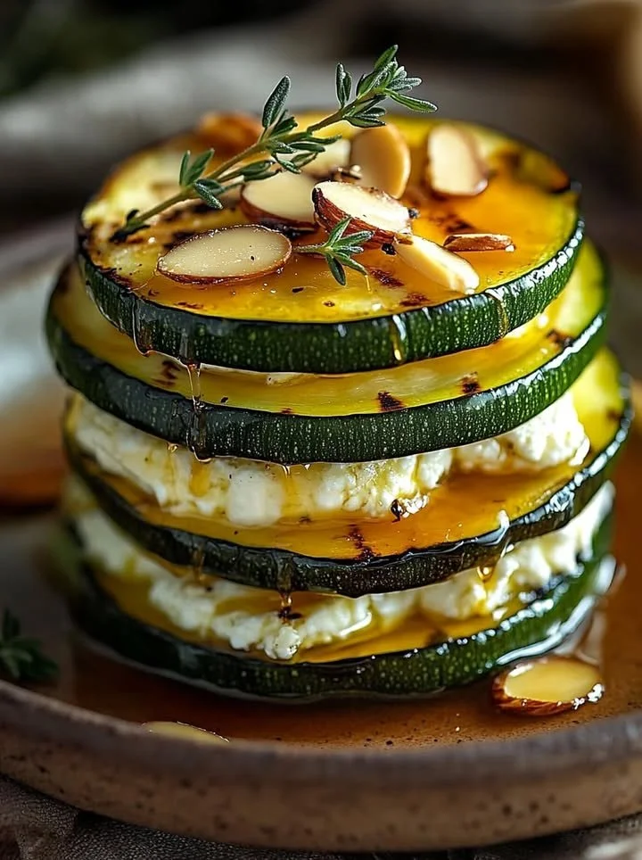 Zucchini Rounds with Goat Cheese and Almond Thyme Honey Drizzle